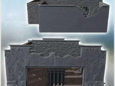 Partially destroyed building with large windows and missing roof 3D print model