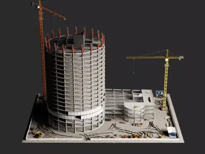Circular High Rise Construction Site 3D Model Tower Crane Low-poly 3D model