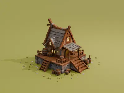 Stylized Medieval Wooden House Low Poly 3D Model 3D model
