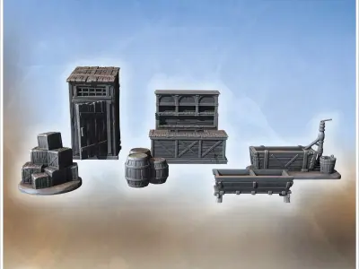 Collection of farm tools and items including crates barrels pump 3D print model