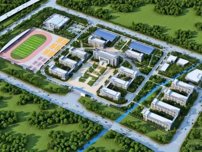 Modern School Campus with Stadium 3D model