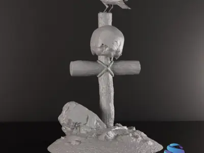  Gothic Cross  Skull  and Crow Diorama STL 3 Sizes Pre-supported 3D print model