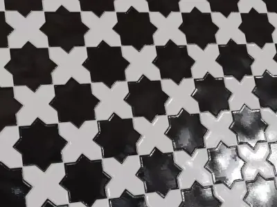 Modern Glossy Black and White Moroccan Star and Cross Tiles PBR  Texture