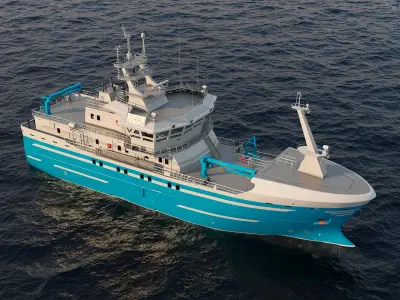  Modern Fishing Boat Light Blue Rigged for Cinema 4D 