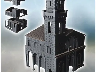 Large classical tile-roofed building with stone walls clock towe 3D print model