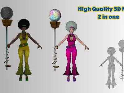 Stylized Retro Disco Girl  2 in 1 Character Bundle  Game Ready Low-poly 3D model