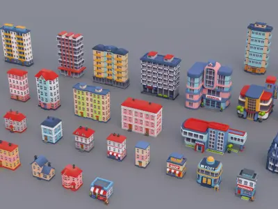 30 Low-Poly Urban Buildings Collection Low-poly 3D model