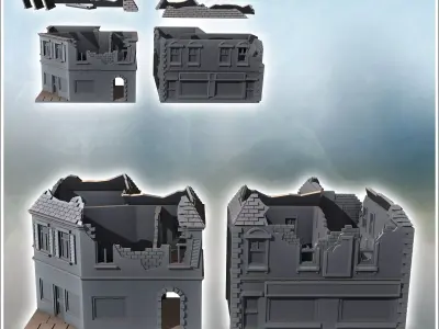 Set of two ruined urban buildings with tiled roofs exposed brick 3D print model