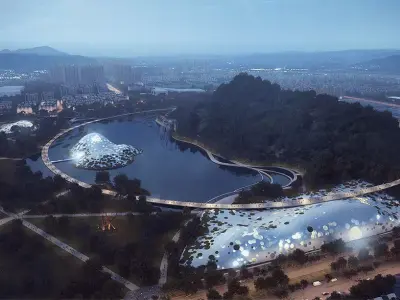 Futuristic Lakeside Park with Organic Hill Pavilions 3D model