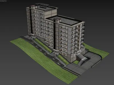 Modern Residential Apartment Building with Terrain 3D model