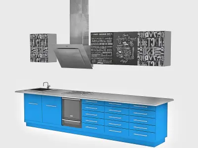 Loft kitchen with blue facades 3D model