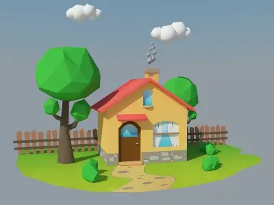 Low Poly House with trees and grass Low-poly 3D model
