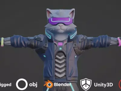 Cyberpunk Cat 3D Character Model For Unity3D And Unreal Ready   Low-poly 3D model