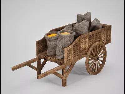 Medieval Cart with Grain Sacks  Game Ready 3D Asset Low-poly 3D model