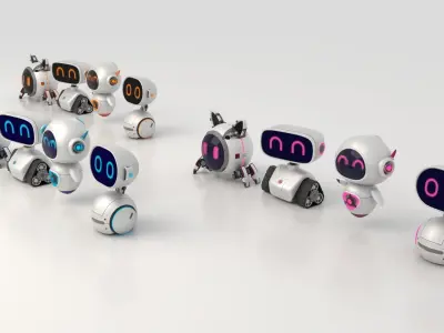 Cute set of Robots Low-poly 3D model