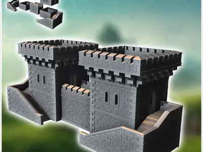 Stone fortress with double towers and access stairs 9 - Medieval 3D print model