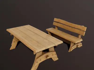 Outdoor table and bench low poly Low-poly 3D model