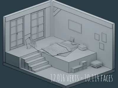 Low-Poly Bedrooms Pack - 5 Bedrooms Low-poly 3D model