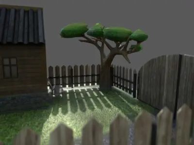VILLAGE wooden house with fence Low-poly 3D model