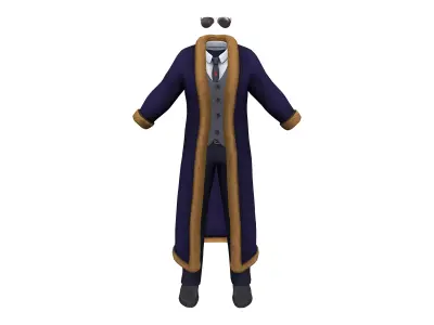 Fur Trim Long Coat Vest Shirt Trousers Shoes Glasses Outfit Low-poly 3D model