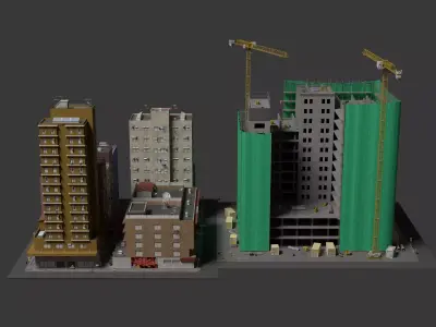High Rise Construction Dual Tower Cranes Urban Site 3D Model Low-poly 3D model