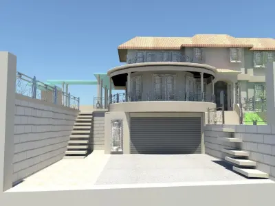 Exterior of Modern house including door windows grill and pool 3D model