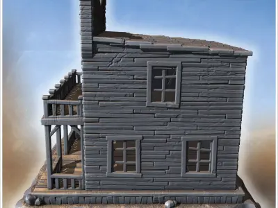 Traditional saloon with double balcony wooden railings swinging  3D print model