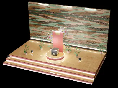 Hall floor with elegant wide wooden stairs Low-poly 3D model