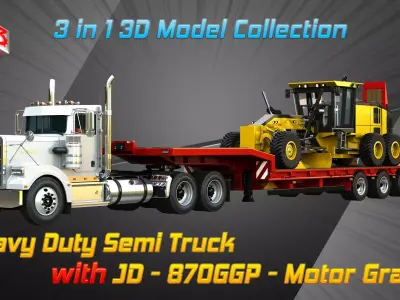 57P Semi Truck with JD - 870GGP Grader  3 in 1 3D Model Pack