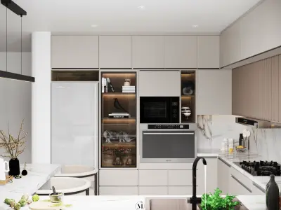 Sleek Modern Kitchen with Marble Island and Ribbed Wood Accents Low-poly 3D model