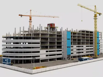 Construction Site with Building and Construction Vehicles low Low-poly 3D model