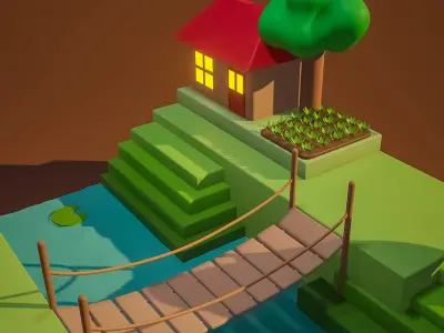 lowpoly land house with trees and river Free 3D model