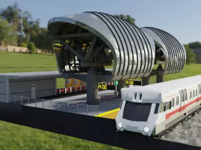 Low Poly Train Station with Train 3D model