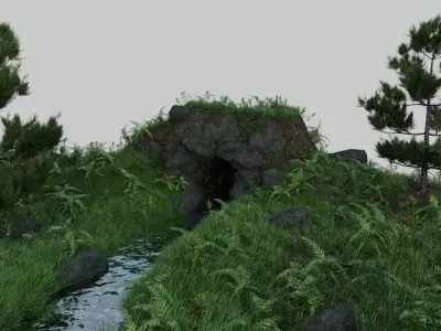 Scene grassy area with rocks and trees 3D model