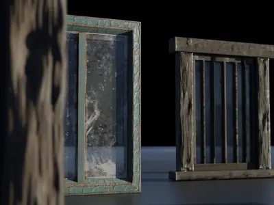 Windows wooden doors and Low-poly 3D model