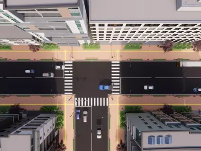 Modern Urban Street with Bus Stop and Apartment Buildings 3D print model
