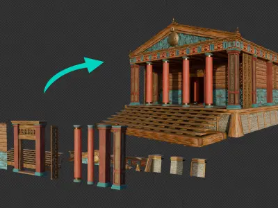 Ancient Greek Doric Wooden Temple Modular Pieces  3D model