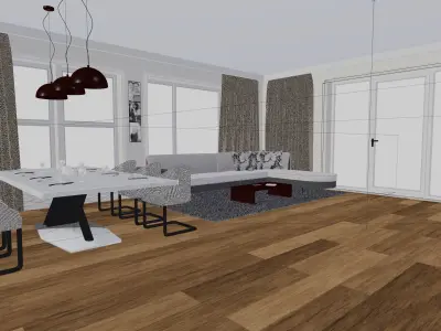Interior living room with wooden floors and windows 3D model