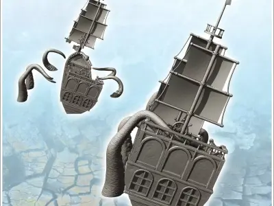 Large shipwrecked medieval sailboat with tentacles 1 - Pirate Ju 3D print model