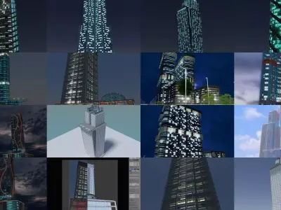 Skyscrapers tall building at night 3D Model Pack