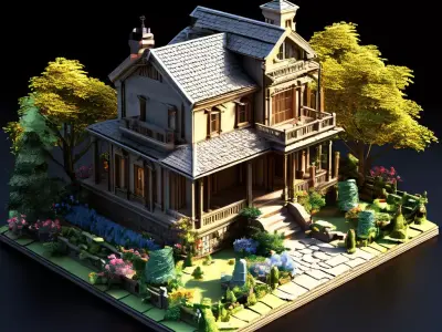 Victorian House with Garden LowPoly Low-poly 3D model