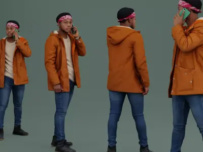 Guy in Orange Jacket with Smartphone 3D model