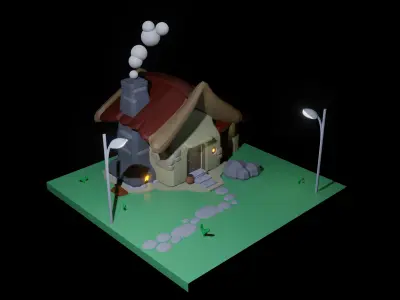 3d minimalist house in the countryside Low-poly 3D model