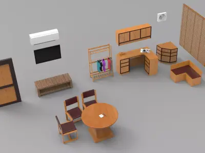 Office Interior low poly props furniture 3D Model Low-poly 3D model