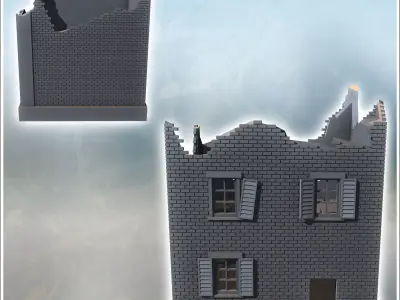 Square brick building with shuttered windows and two floors ruin 3D print model