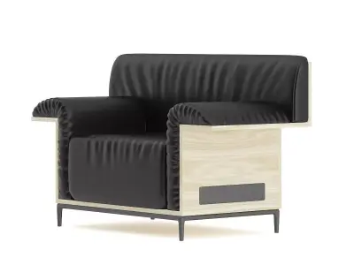 Black Leather Armchair with Wooden Back 3D model