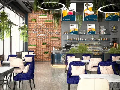 Modern Coffee Shop Interior and Exterior 3D Scene 3D model