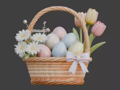 3D WOODEN EASTER BASKET WITH  EGGS AND SPRING FLOWERS V01 Low-poly 3D model