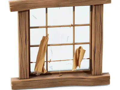 Stylized Broken Wooden Window Low-poly 3D model