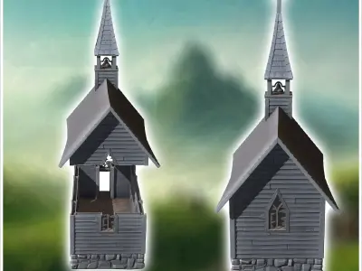 Medieval wooden chapel with a stone base and access stairs 7 - M 3D print model